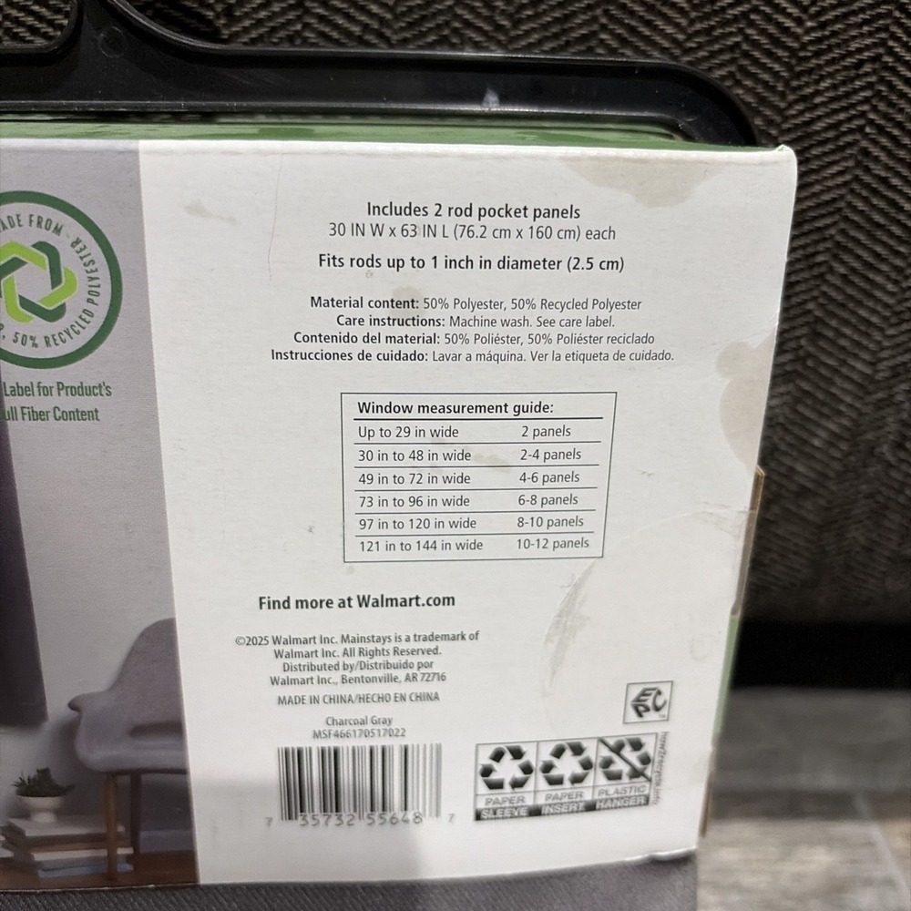 Mainstays Curtain Pair Blackout Charcoal Gray Rod Pocket 30x63‎ NWT Modern 2pk - Picture 5 of 6